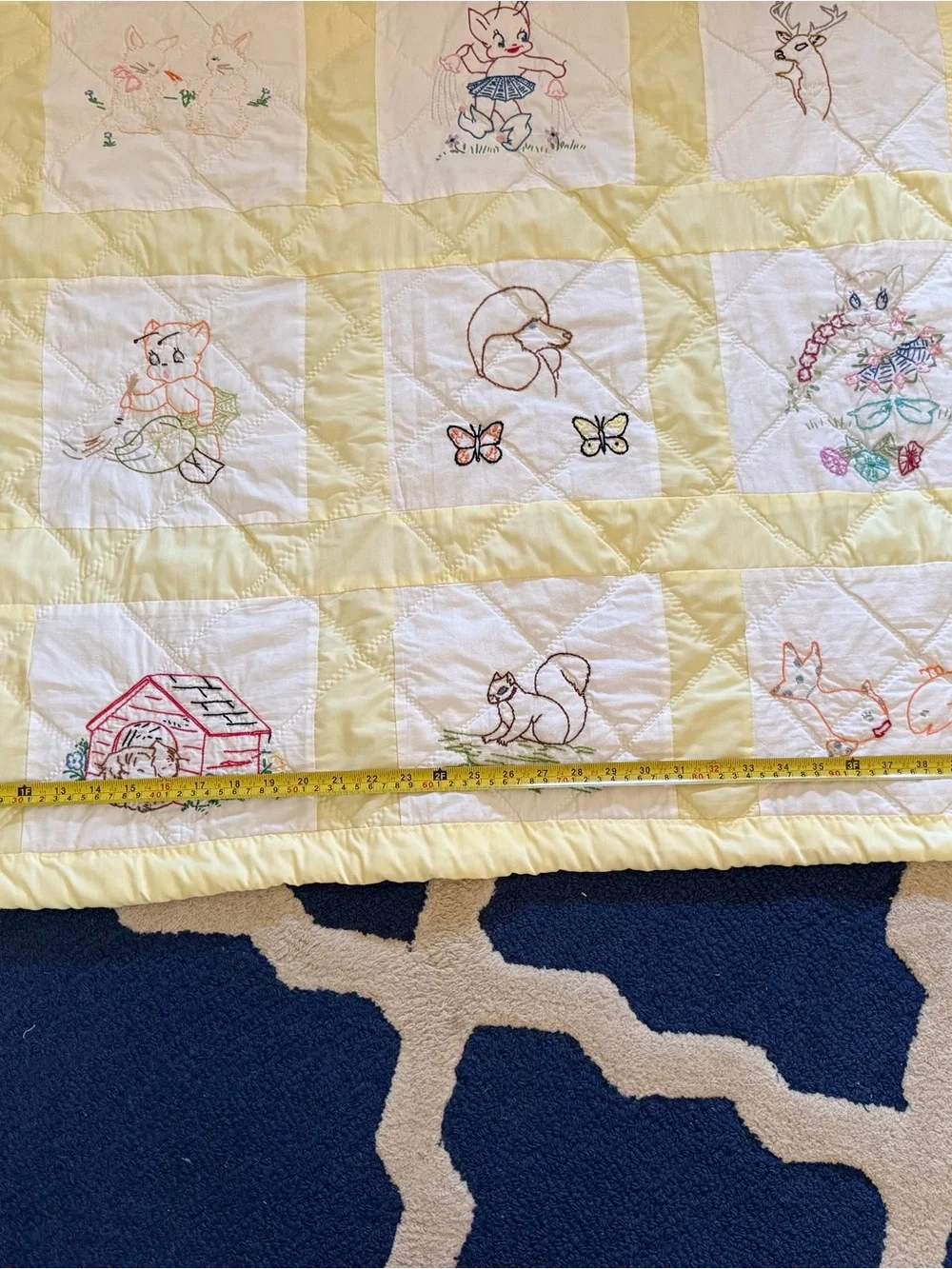 Hand-Embroidered Yellow & White Baby Quilt - Vintage Animal Blocks